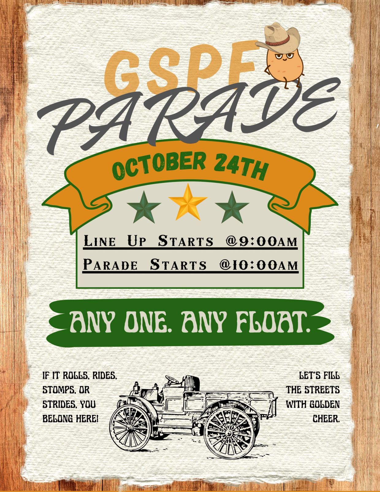 GSPE Parade announcement for October 24th with lineup and start times.