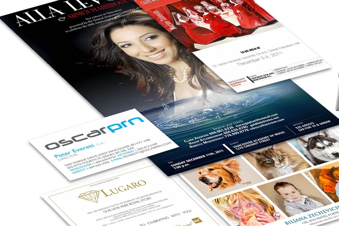 Group photo of printed marketing materials, including a brochure, poster, and cards.