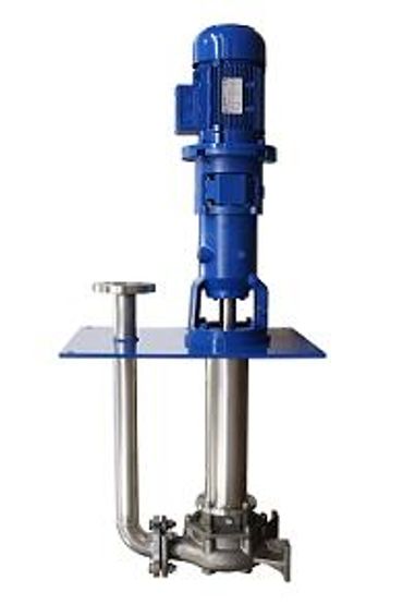 Vertical industrial pump with blue motor and stainless steel components.