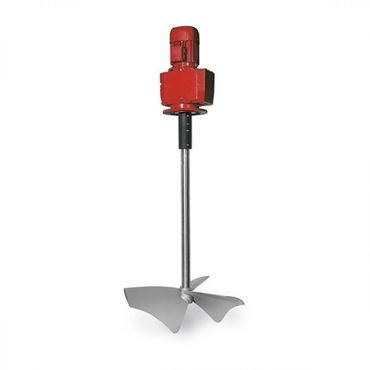 Industrial mixer with red motor and metal blades.