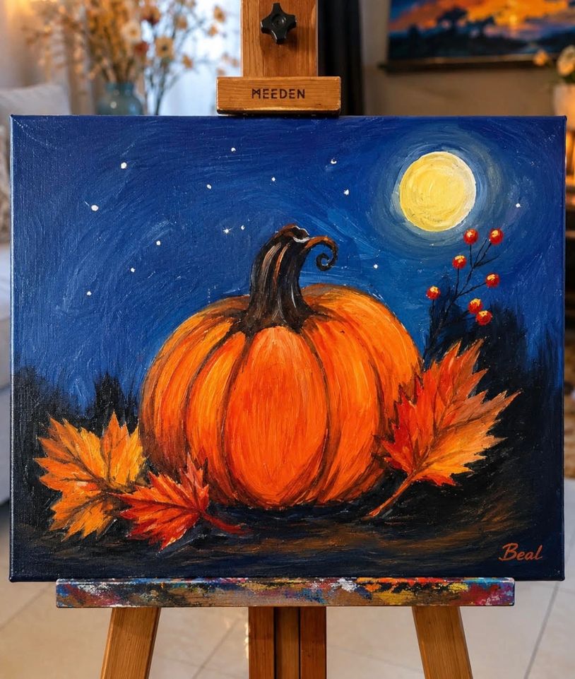 Painting of a pumpkin with autumn leaves under a starry night sky.