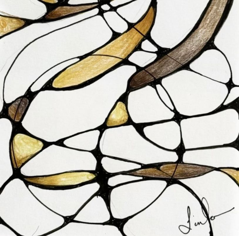 Abstract art with black lines and brown-yellow shapes on white background.