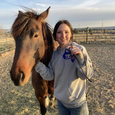 A smiling girl stands with a brown horse in a fenced area at sunset.