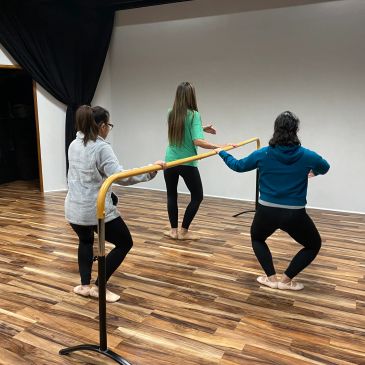 Three women practicing ballet at a barre in a dance studio.
