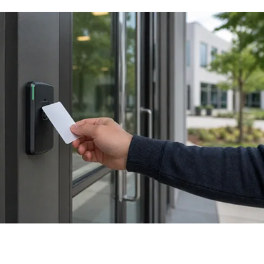 Person using a key card to access a building.