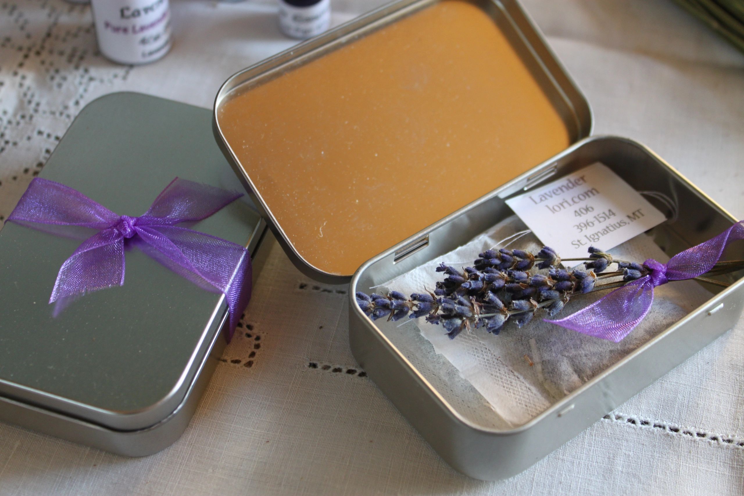 Decorative tin box with lavender tea bags inside.