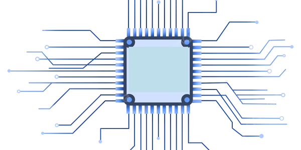 Illustration of a central microchip with radiating circuit lines.