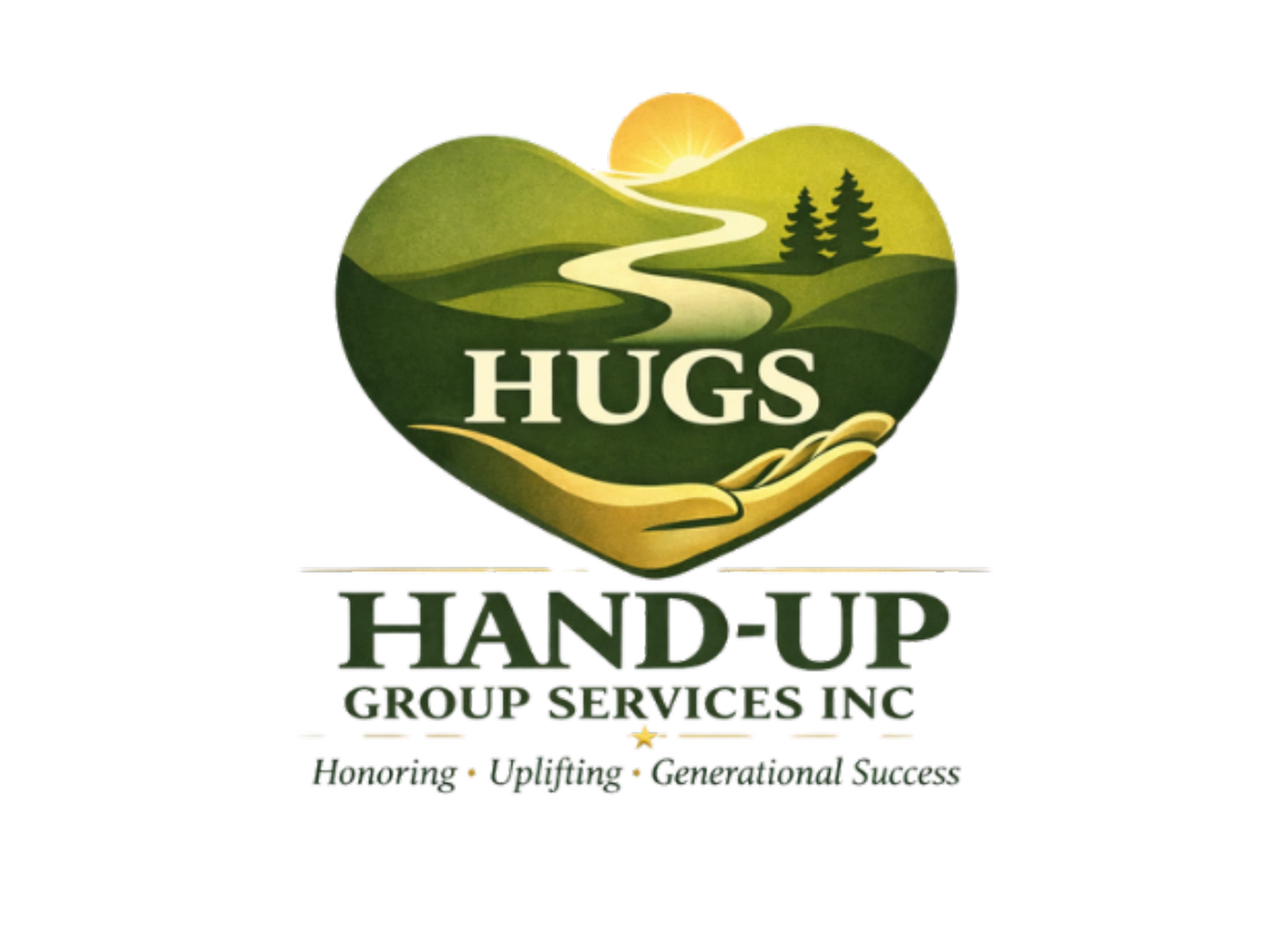 Logo of HUGS Hand-Up Group Services Inc with nature and helping hand imagery.