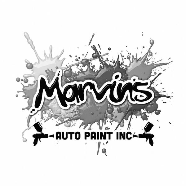 Marvin's Auto Paint Inc logo with paint splashes and spray guns.