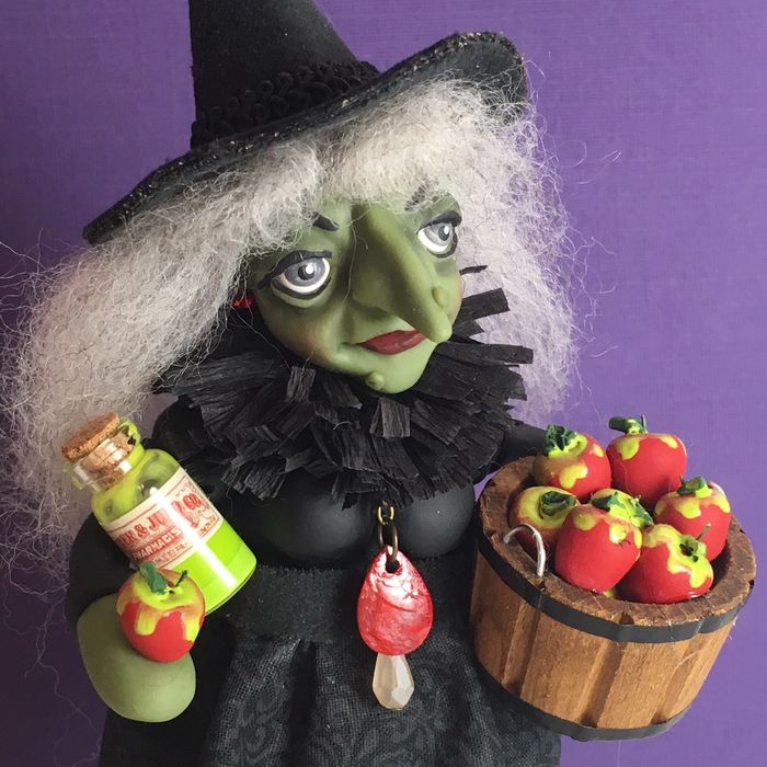polymer clay wicked witch art doll with poison apples by Lisa J. Ammerman