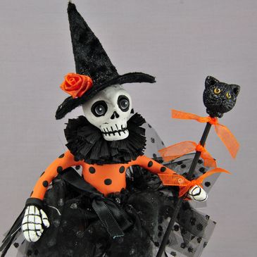 hand sculpted polymer clay Halloween skeleton art doll by Lisa J. Ammerman