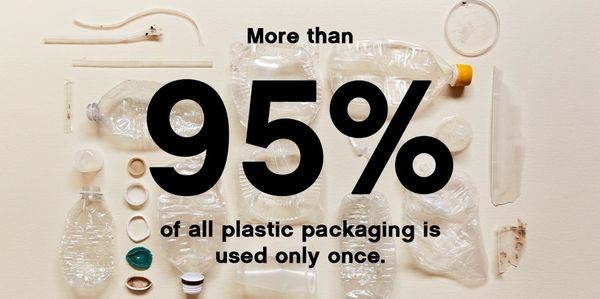 various plastic bottles, straws and packaging on table with wording on