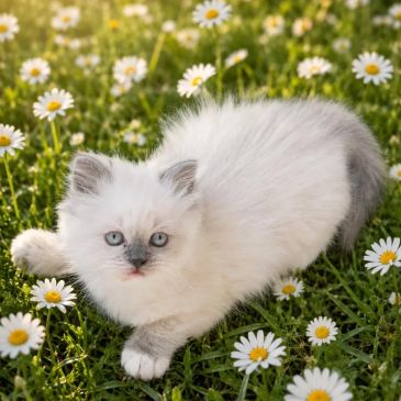 Fluffy white kitten in a daisy field.