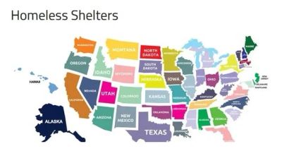 Map of homeless shelters by state in the USA.