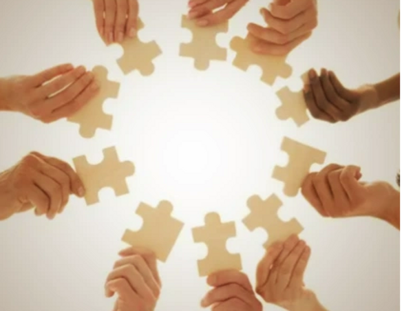 Diverse hands holding puzzle pieces in a circle symbolizing teamwork.