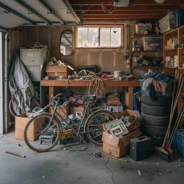 Cluttered garage with old bicycle, boxes, and various tools and items.