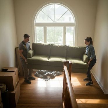 Two people carrying a green sofa in a well-lit room with wooden floors.