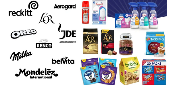 Compilation of Reckitt and Mondelez brands with product images.