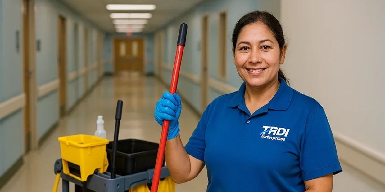 Smiling janitor in blue uniform holding a mop in a clean hallway.