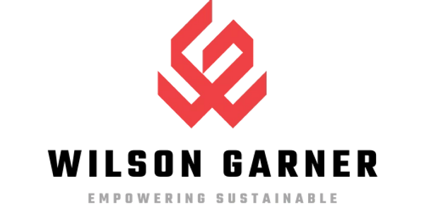 Logo with red geometric design and text below on black background.