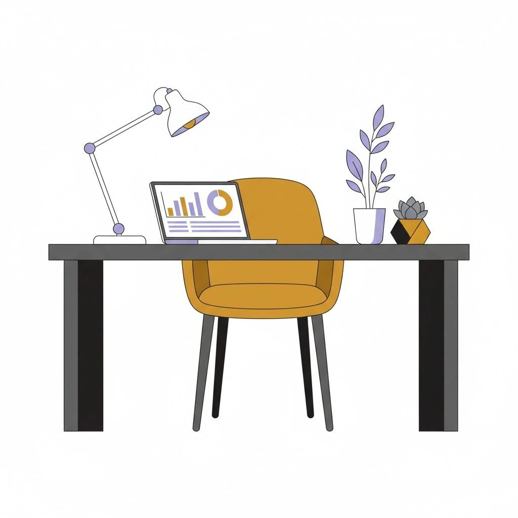 Modern workspace with a laptop, desk lamp, plants, and an orange chair.