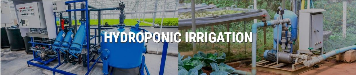 Hydroponic irrigation system setup in a greenhouse and garden.