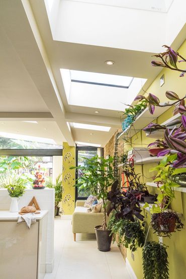 Interior view beneath the rooflights, looking towards the garden in the Newham extension.