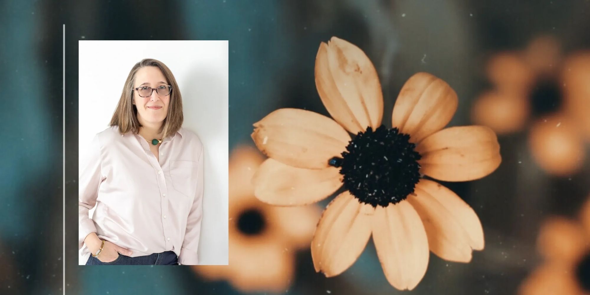 Erica Colahan, author of The Oystercatcher of Southwark with flowers in the background