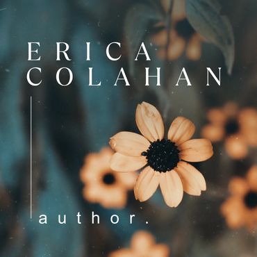 Author Erica Colahan's logo with blue background and white flower.