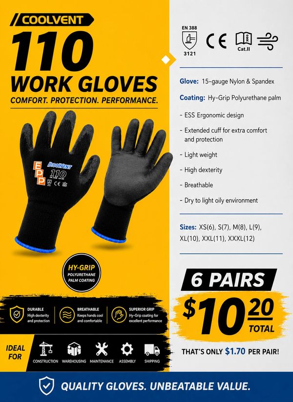 Coolvent 110 work gloves with polyurethane coating for comfort and grip.