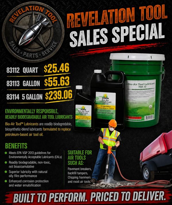 Revelation Tool sales special on biodegradable air tool lubricants.