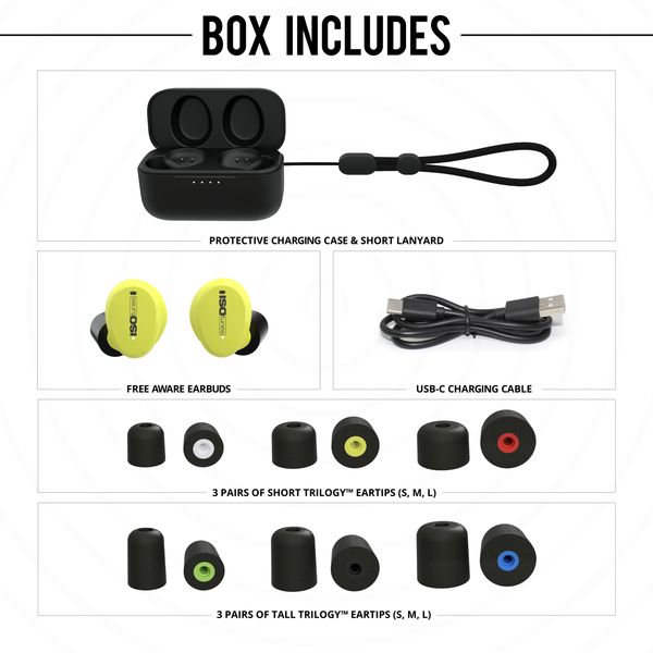 Contents of a wireless earbud box with case, earbuds, charging cable, and ear tips.