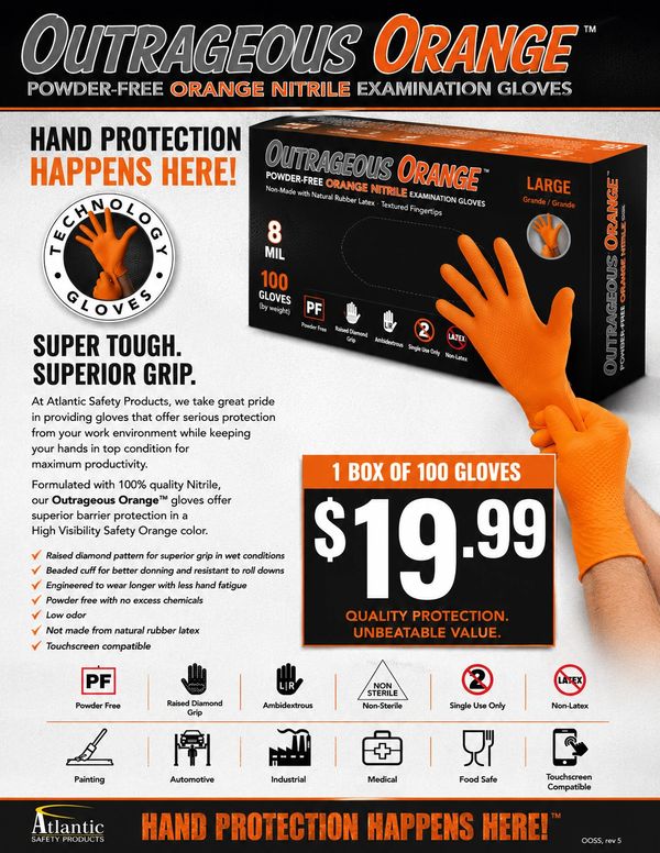 Bright orange nitrile gloves with superior protection and grip, priced at $19.99 for 100 gloves.