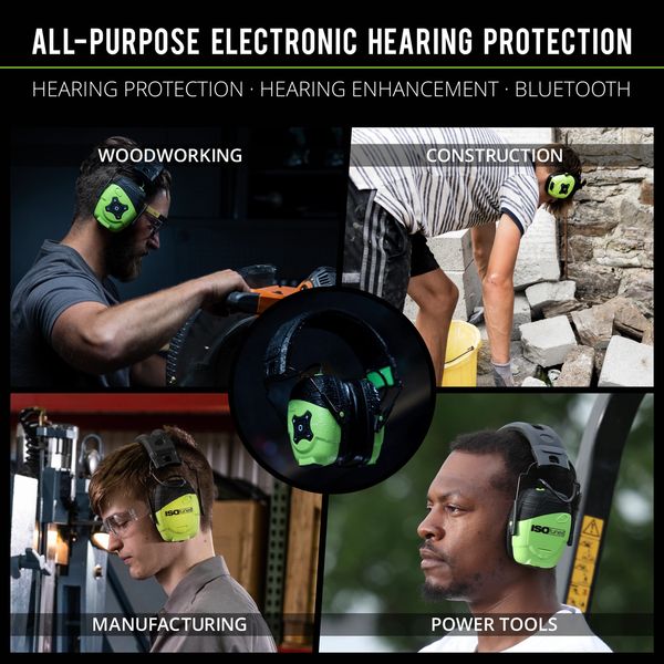 Electronic hearing protection used in woodworking, construction, manufacturing, and power tools.
