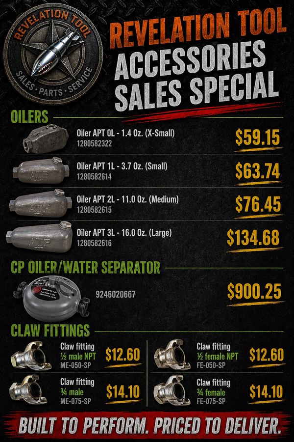 Revelation Tool accessory sales with oilers, water separator, and claw fittings.