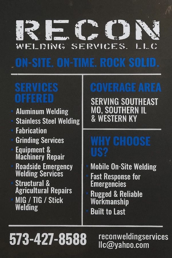 Advertisement for Recon Welding Services offering various welding and repair services with contact info.