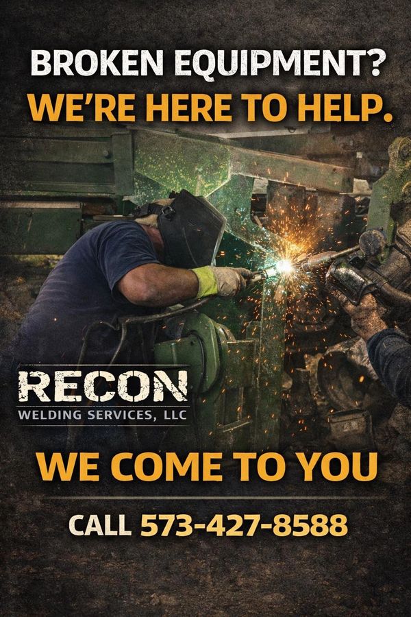 Welder repairing heavy equipment with sparks flying, promoting mobile welding services.