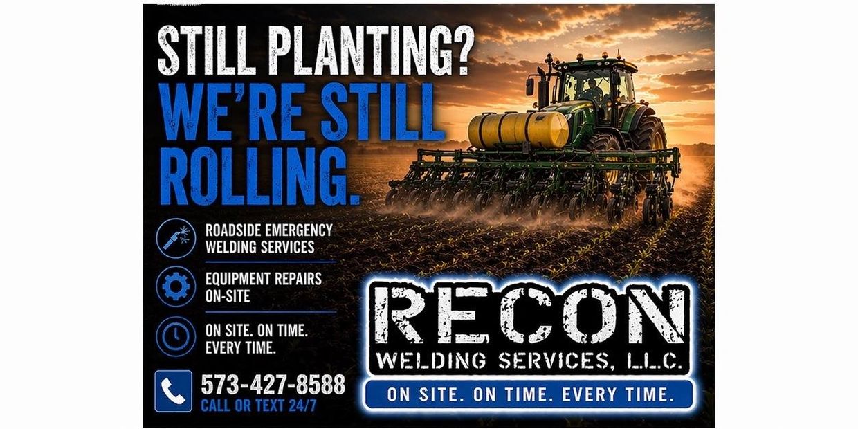 Tractor working at sunset with welding service advertisement for roadside repairs and equipment maintenance.