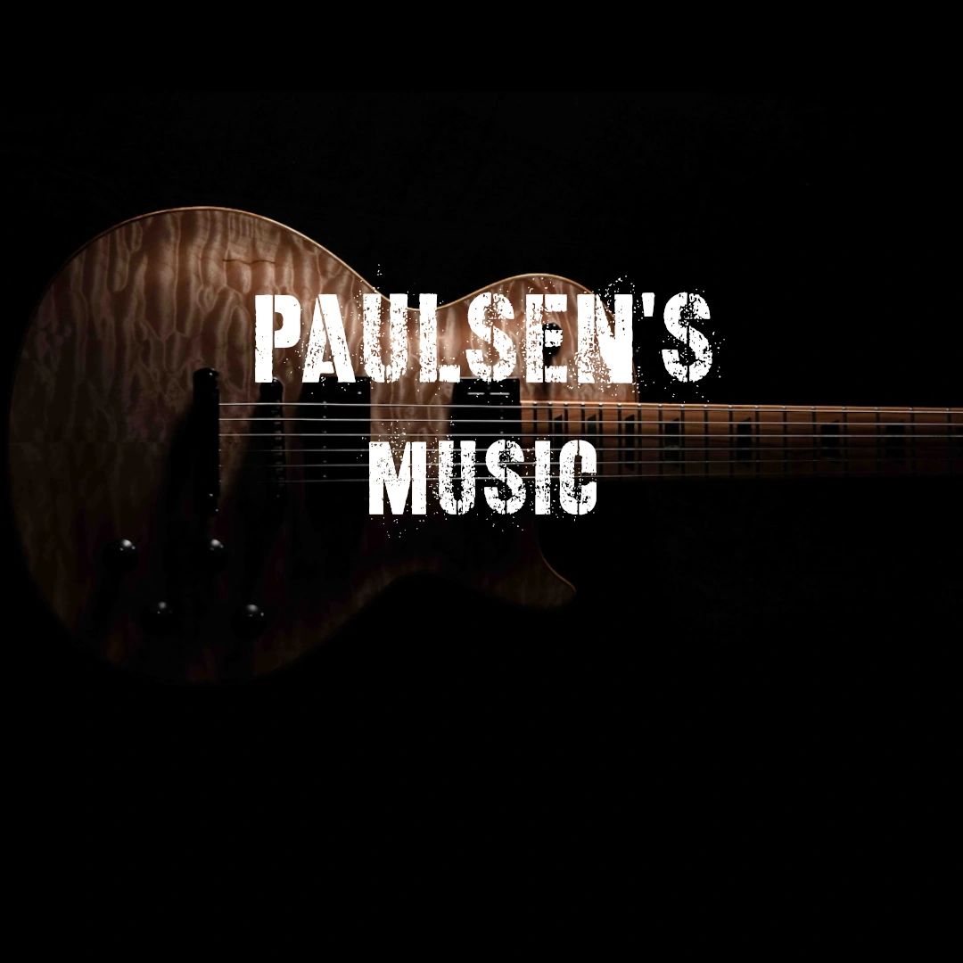 Electric guitar with the text 'Paulsen's Music' overlayed on a dark background.