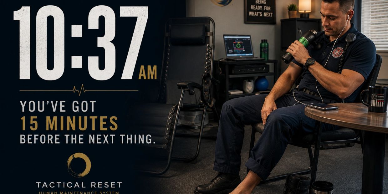 A first responder uses a handheld targeted vibration tool during a short workday break. Text reads: “Tuesday, 10:37 AM. You’ve got 15 minutes before the next thing.”