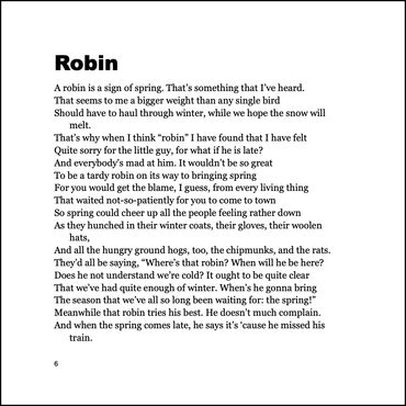 Humorous poetry. Text of poem about Robin — sign of spring — and what happens when it arrives late.