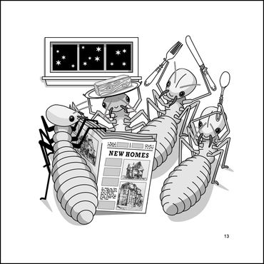 One of book's animal drawings. Hungry Termites reading about New Homes, dreaming of eating the wood.