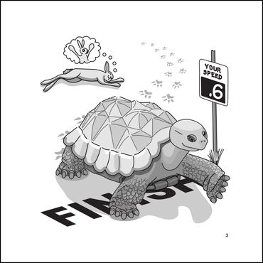 One of book's animal drawings. Shows the sleeping hare and the winning tortoise.