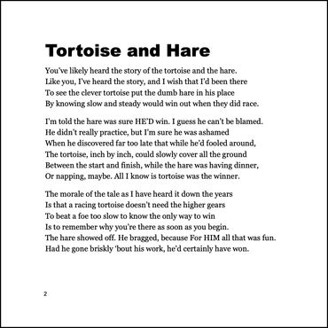 Humorous poetry. Text for poem about the Tortoise and the Hare. Who wins, and why? Read on!