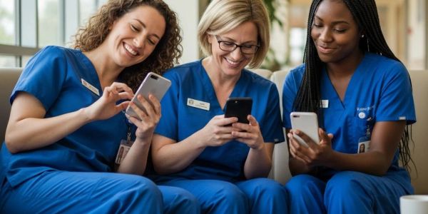 Three nurses smiling while using their phones.