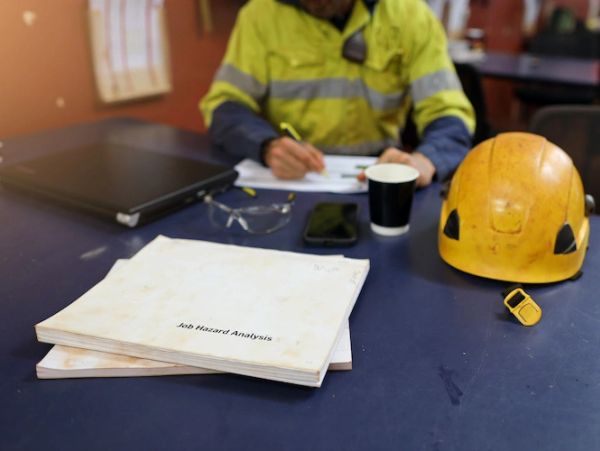 Safety documents and helmet on a table with a worker in the background.