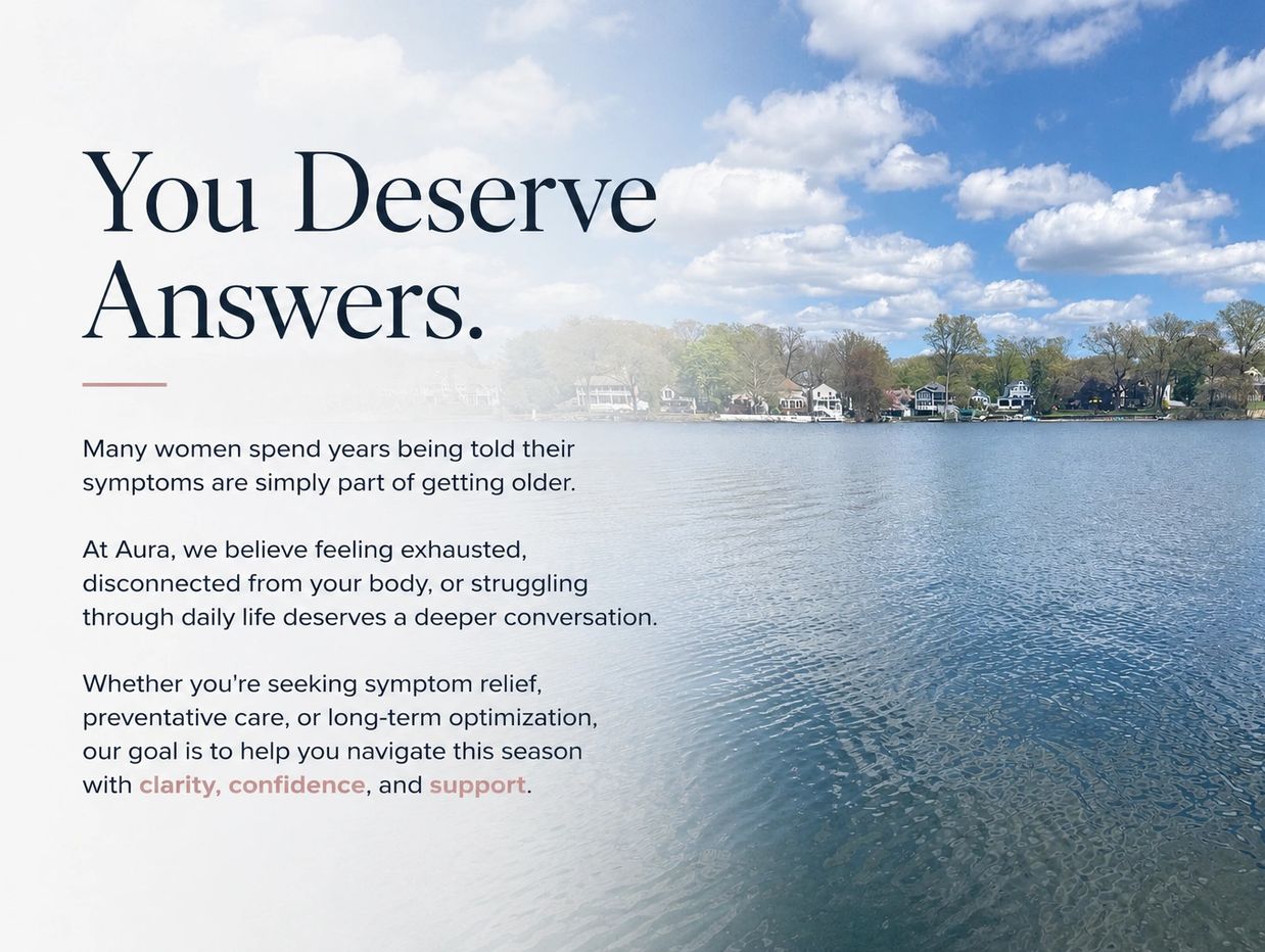 Inspirational message about women's health and support over a serene lake background.