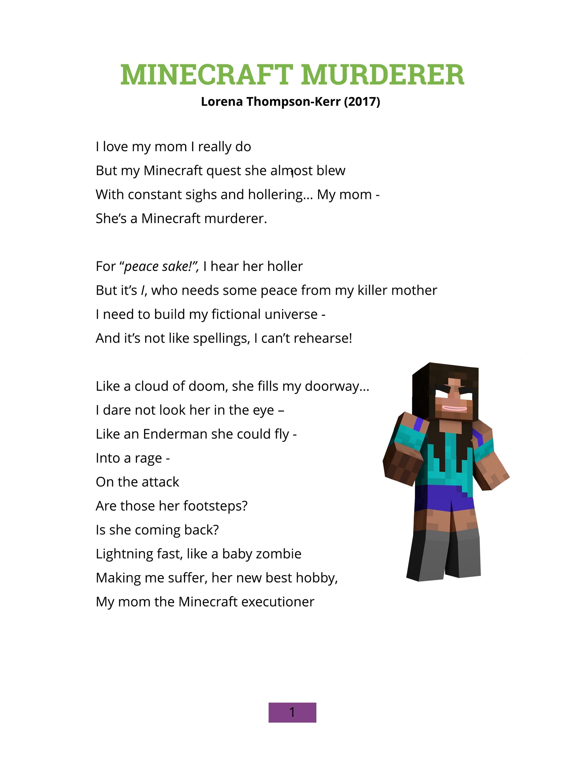 A humorous poem about a mom disrupting Minecraft gameplay, featuring a Minecraft character illustration.