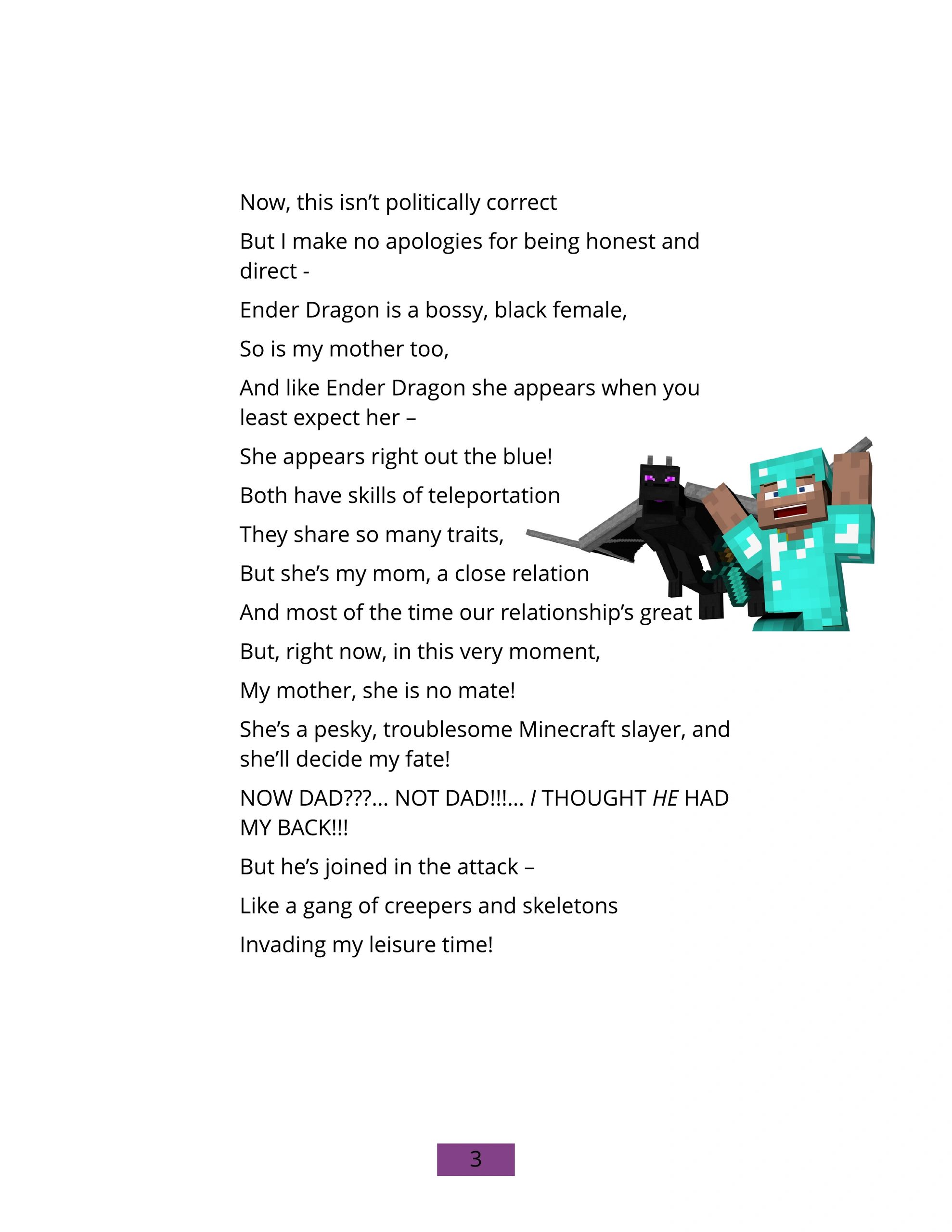 A Minecraft Ender Dragon and player appear beside a humorous poem about a troublesome mother.