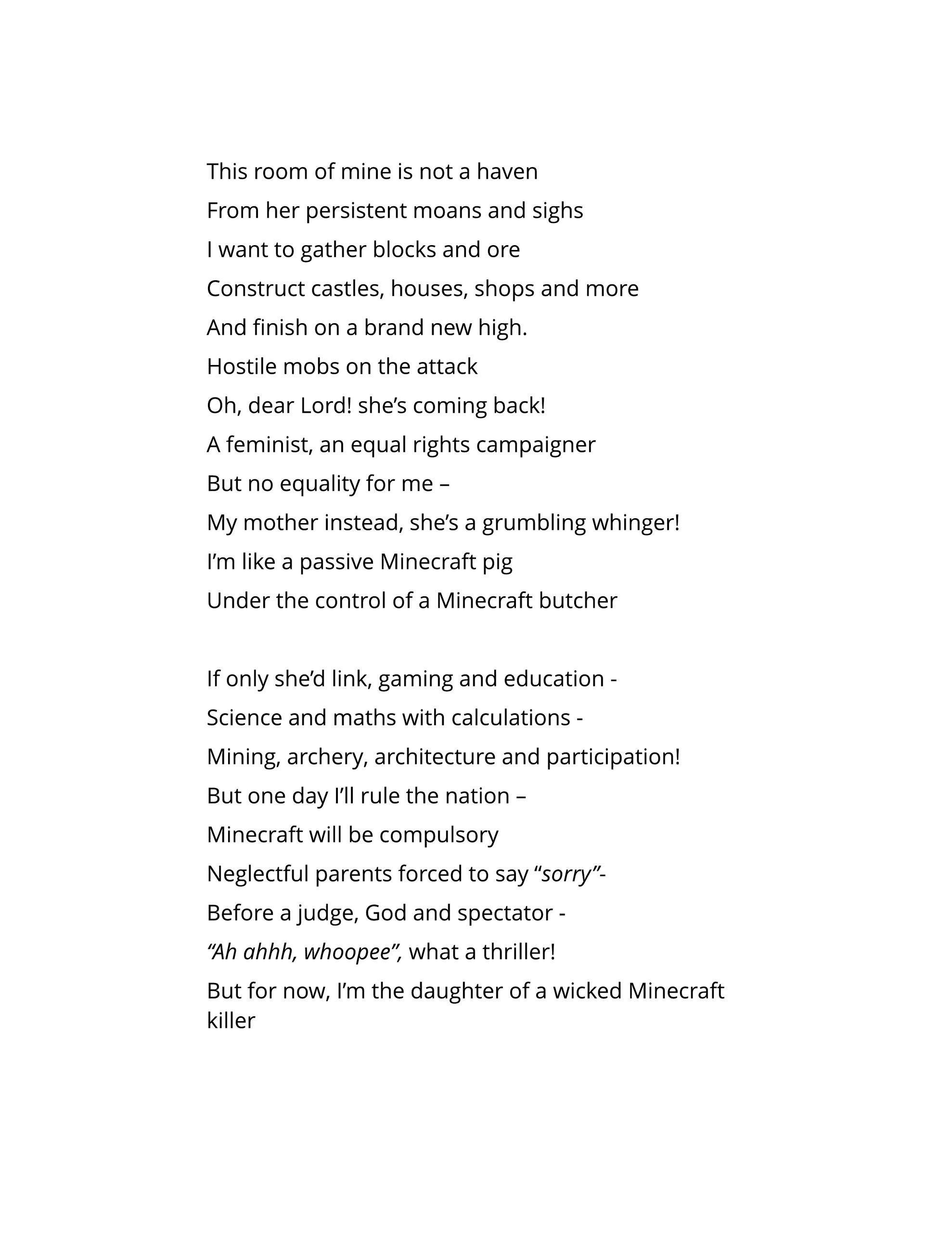A poem about a child's Minecraft passion amid parental challenges.